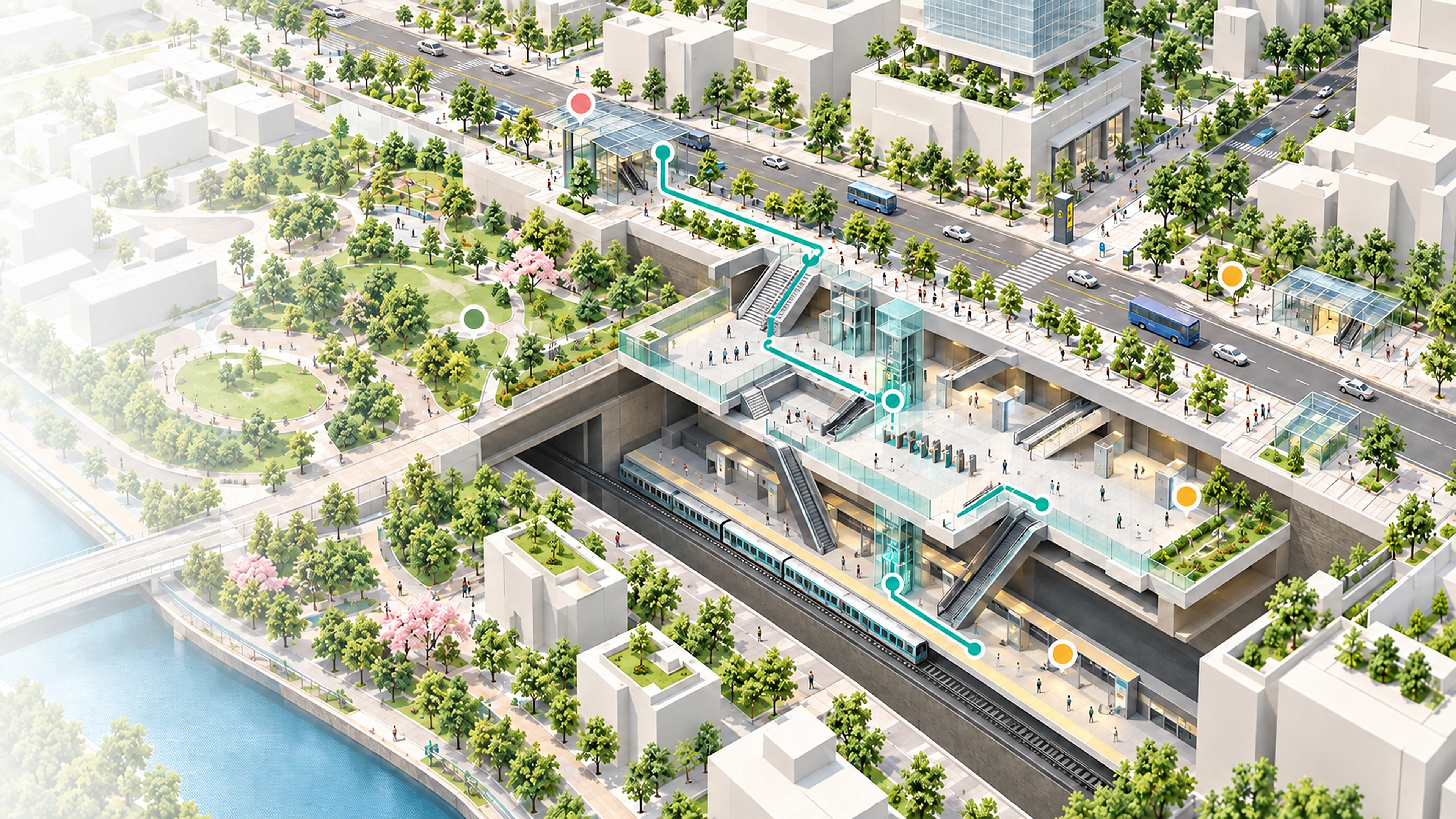 지상과 지하 이동 동선을 함께 표시한 2.5D 공간지도 콘셉트